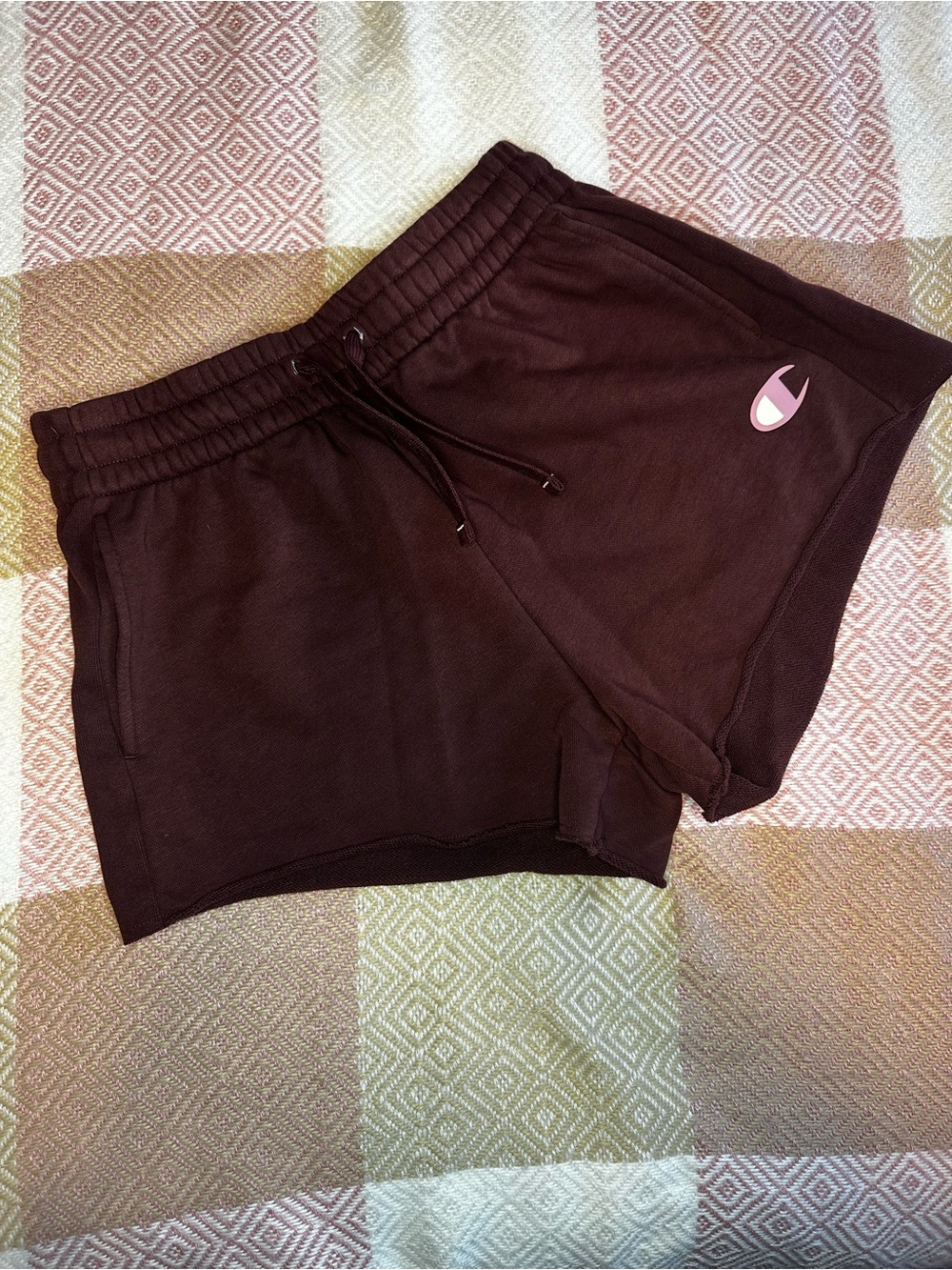 Champion Women's Dark Brown Athletic Shorts with Pink Logo
